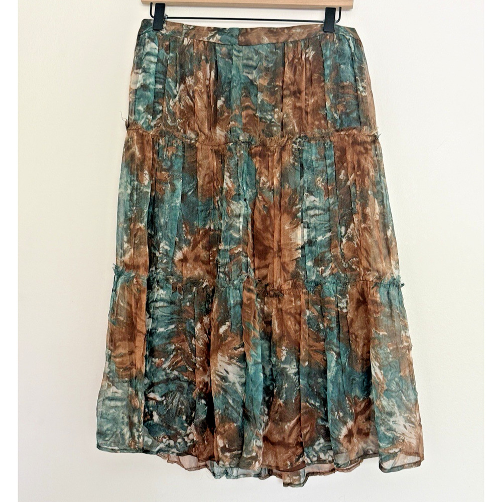 Zara Woman‎ Abstract l Print Midi Skirt 100% Silk Green Brown Lined MEDIUM